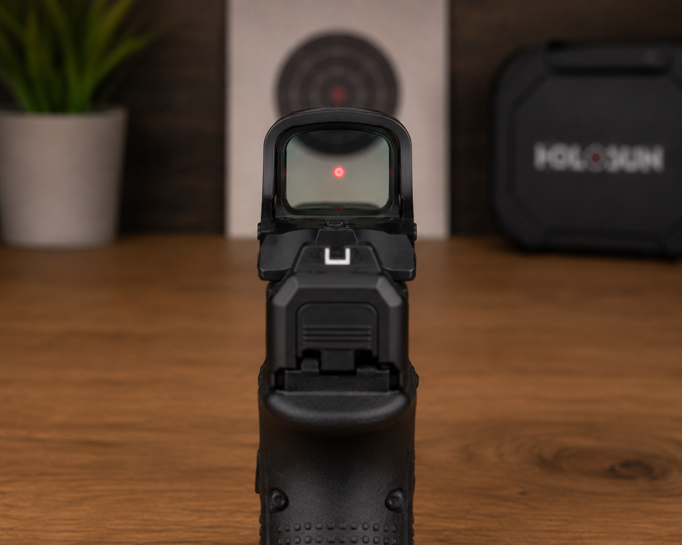 A pistol with a red dot sight, showing the dot superimposed on a target