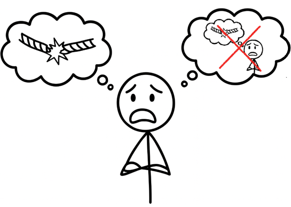 A woman with a thought bubble of a rope breaking, and a second thought bubble of herself with a thought of the rope holding.