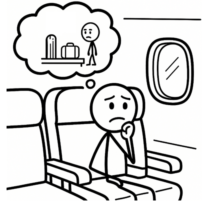 A man in a plane with a thought bubble of getting off safely.