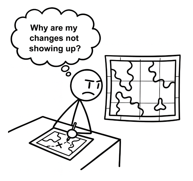 A man drawing on map 1 while looking at map 2 and wondering why his changes aren't showing up.