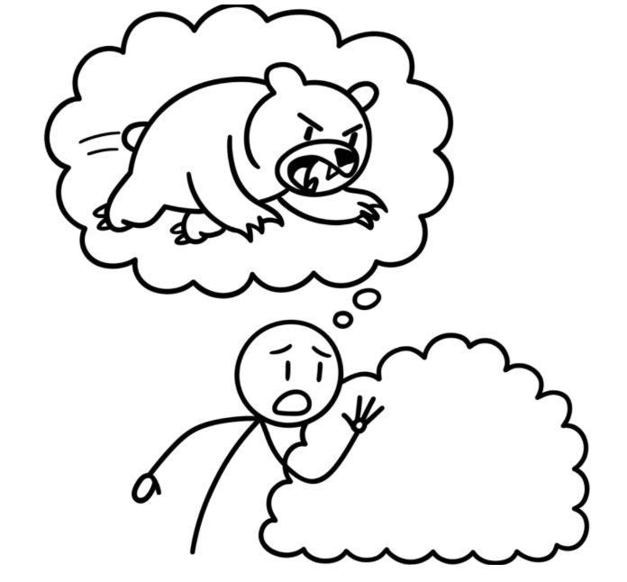 A scared man near a bush hearing a roar, with a thought bubble of a charging bear jumping over the bush.