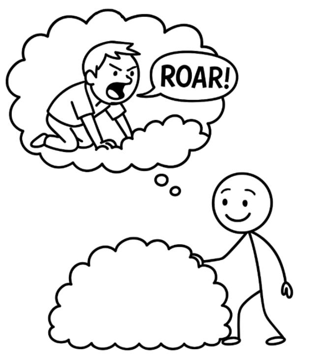 A relieved man near a bush hearing a roar, with a thought bubble of Uncle John roaring.