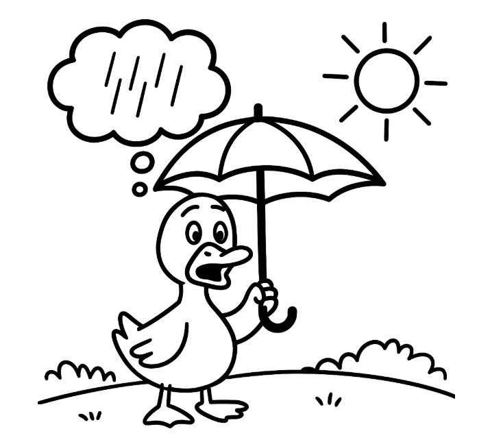 A duck with an umbrella and thought bubbles about the weather.